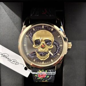 Ed Hardy Gold Skull Watch with Black Floral Silicone Strap~NEW in Box
